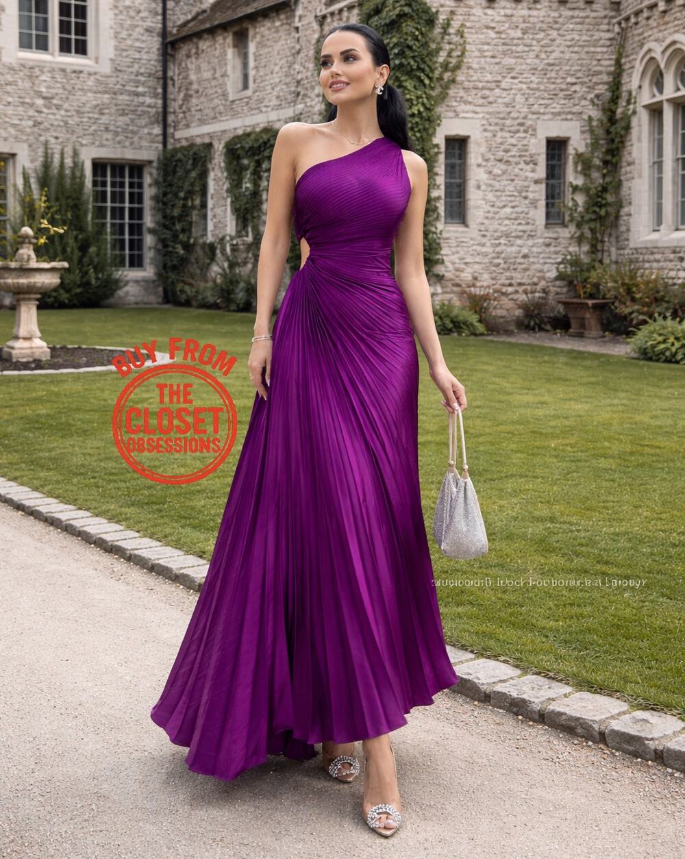 MANGO Purple Pleated Midi Dress NWT One Shoulder Cut Out Wedding Guest 6 8 10